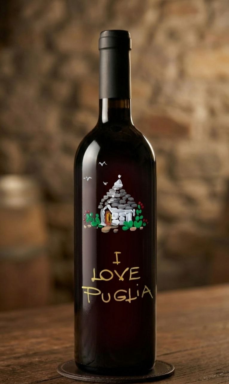 Bottiglia di Negroamaro Edizione Limitata 1 di 1, Dipinta a Mano: Trullo Pugliese